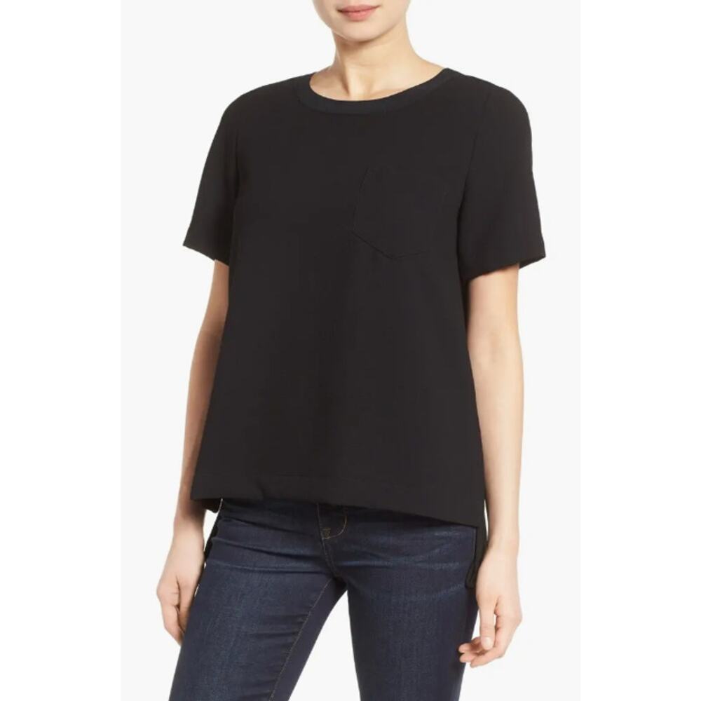 Madewell Black Short Sleeve Button Back Top Women S Silk Trim High Low Crew Neck